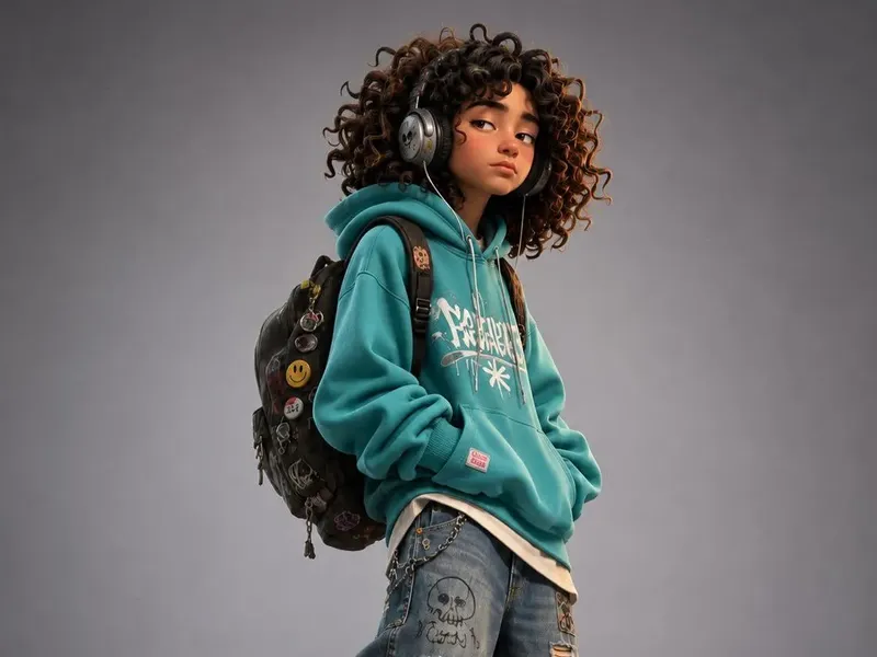 Stylized 3D cartoon skater character in oversized pink hoodie, ripped jeans and chunky sneakers, Pixar × Spider-Verse animation style