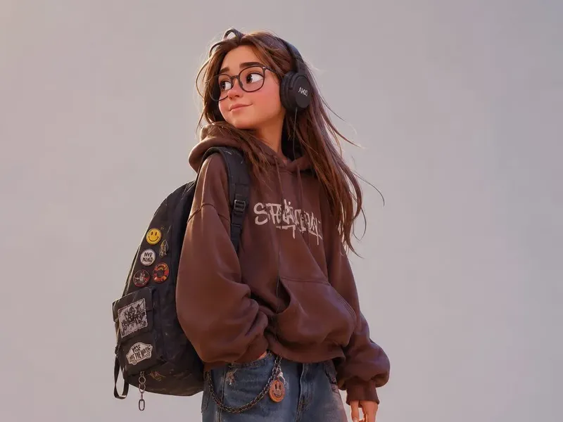 Stylized 3D cartoon skater character in oversized pink hoodie, ripped jeans and chunky sneakers, Pixar × Spider-Verse animation style