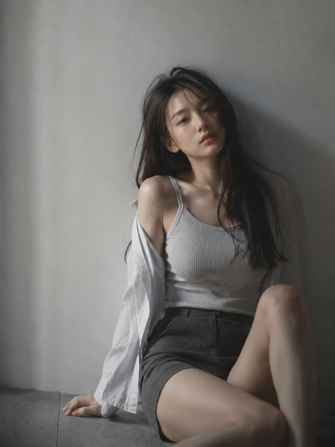Black-mist ribbed-knit editorial