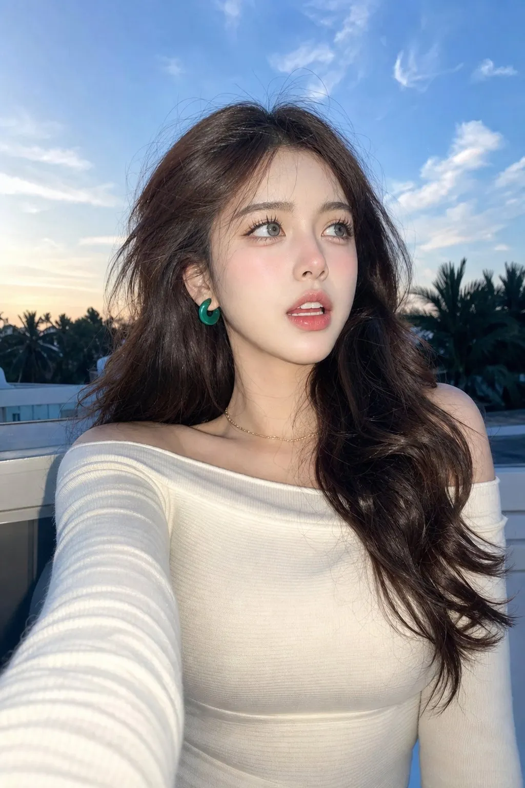 Blue-hour rooftop creamy-knit selfie