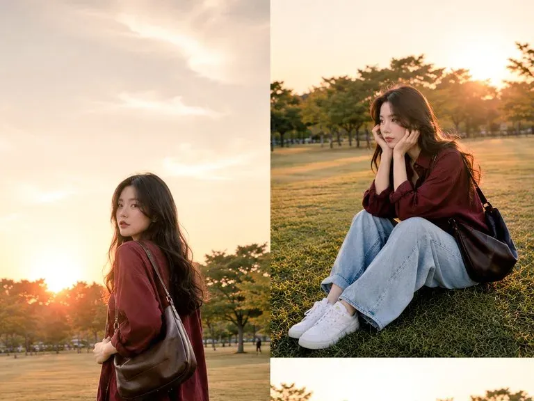Korean park golden-hour fashion collage