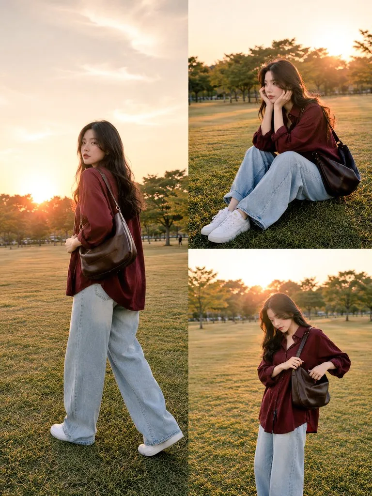 Korean park golden-hour fashion collage