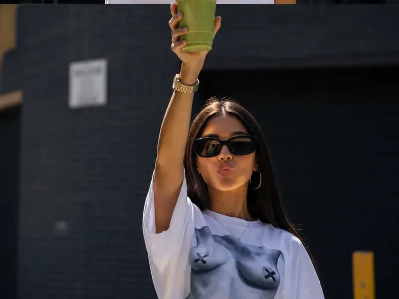 Matcha smoothie shared-cup diptych