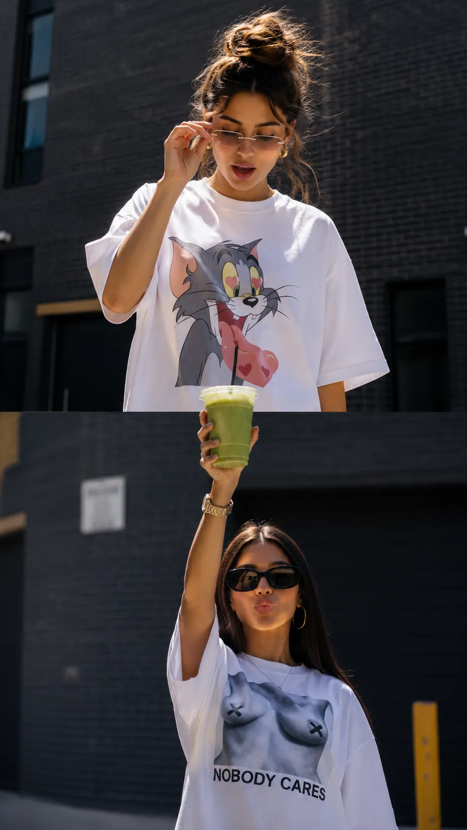 Matcha smoothie shared-cup diptych