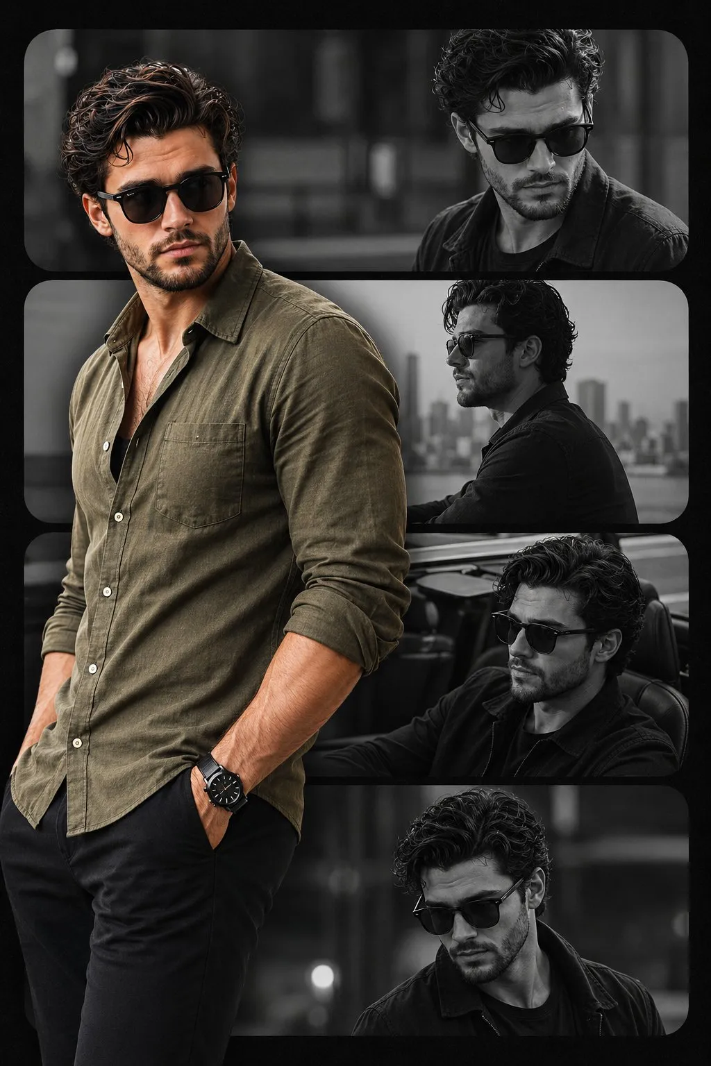 Men's olive-linen mood-board collage