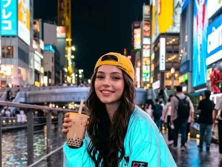 Streetwear ciano Osaka Dotonbori agachada