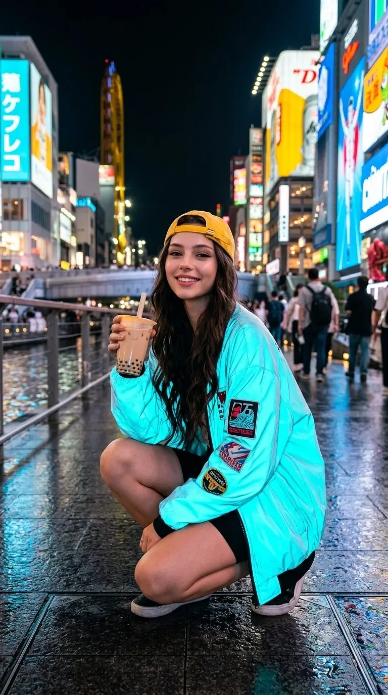 Streetwear ciano Osaka Dotonbori agachada