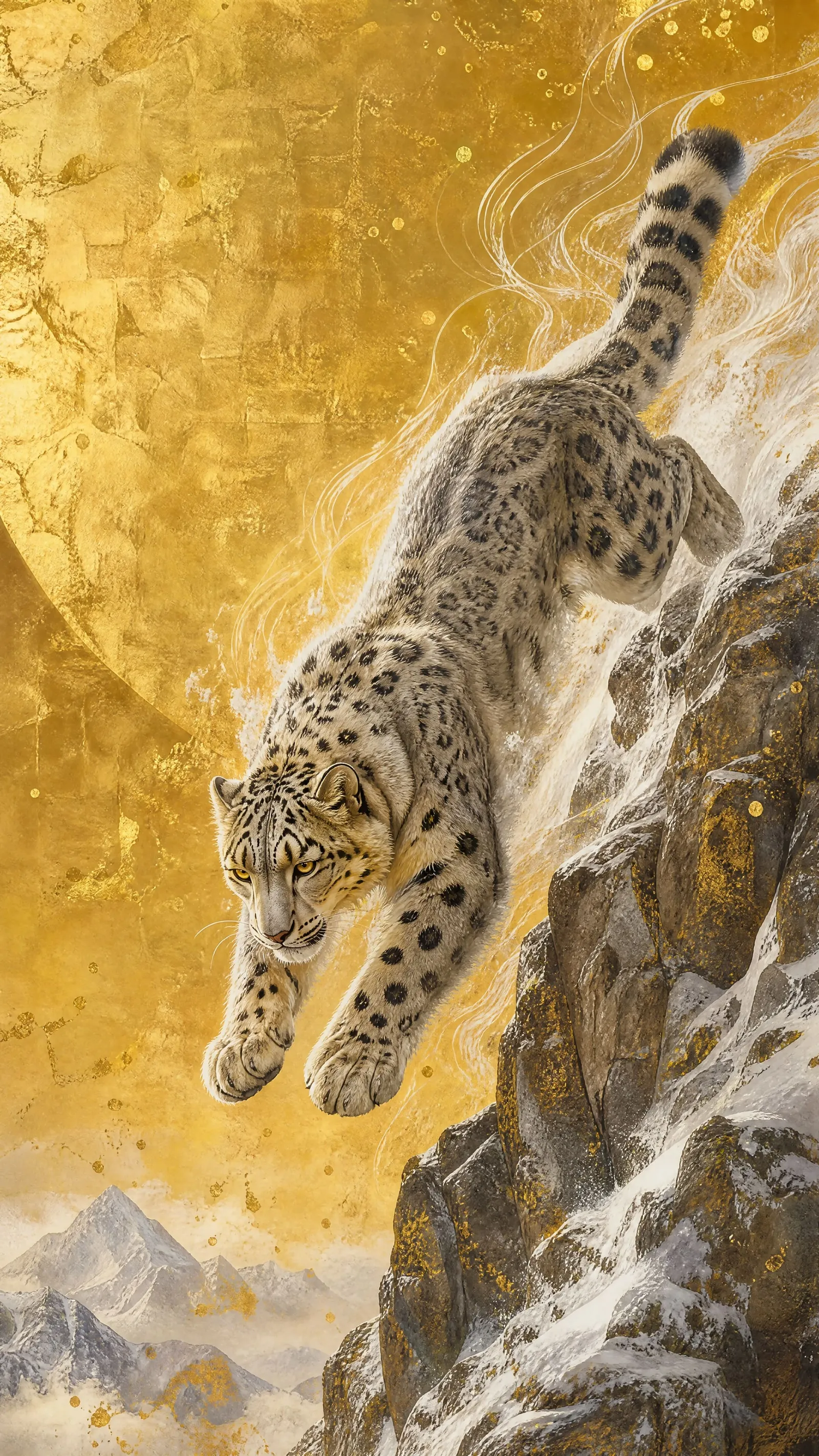 Snow leopard gold-leaf cliff leap