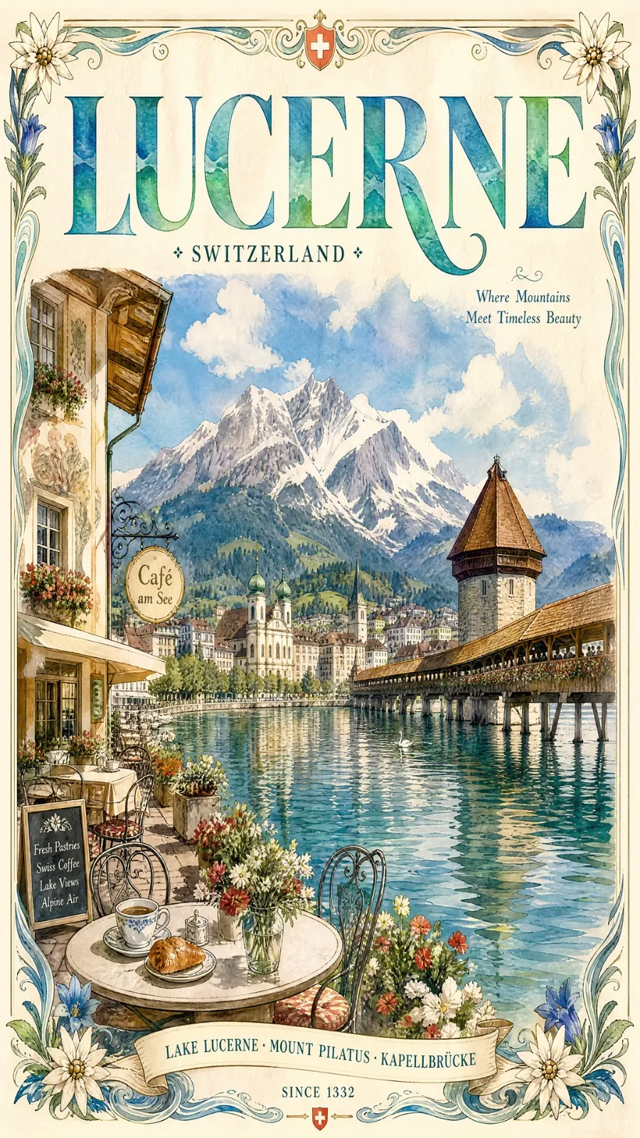 Акварельный travel-постер город у реки