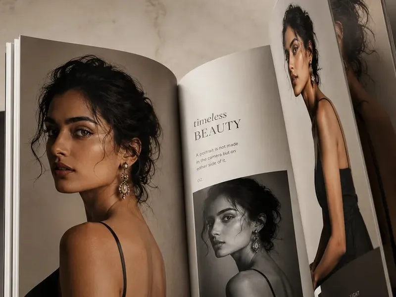 Luxury photorealistic Vogue-style coffee table book open to two editorial portrait pages, modern brand layout, premium print texture