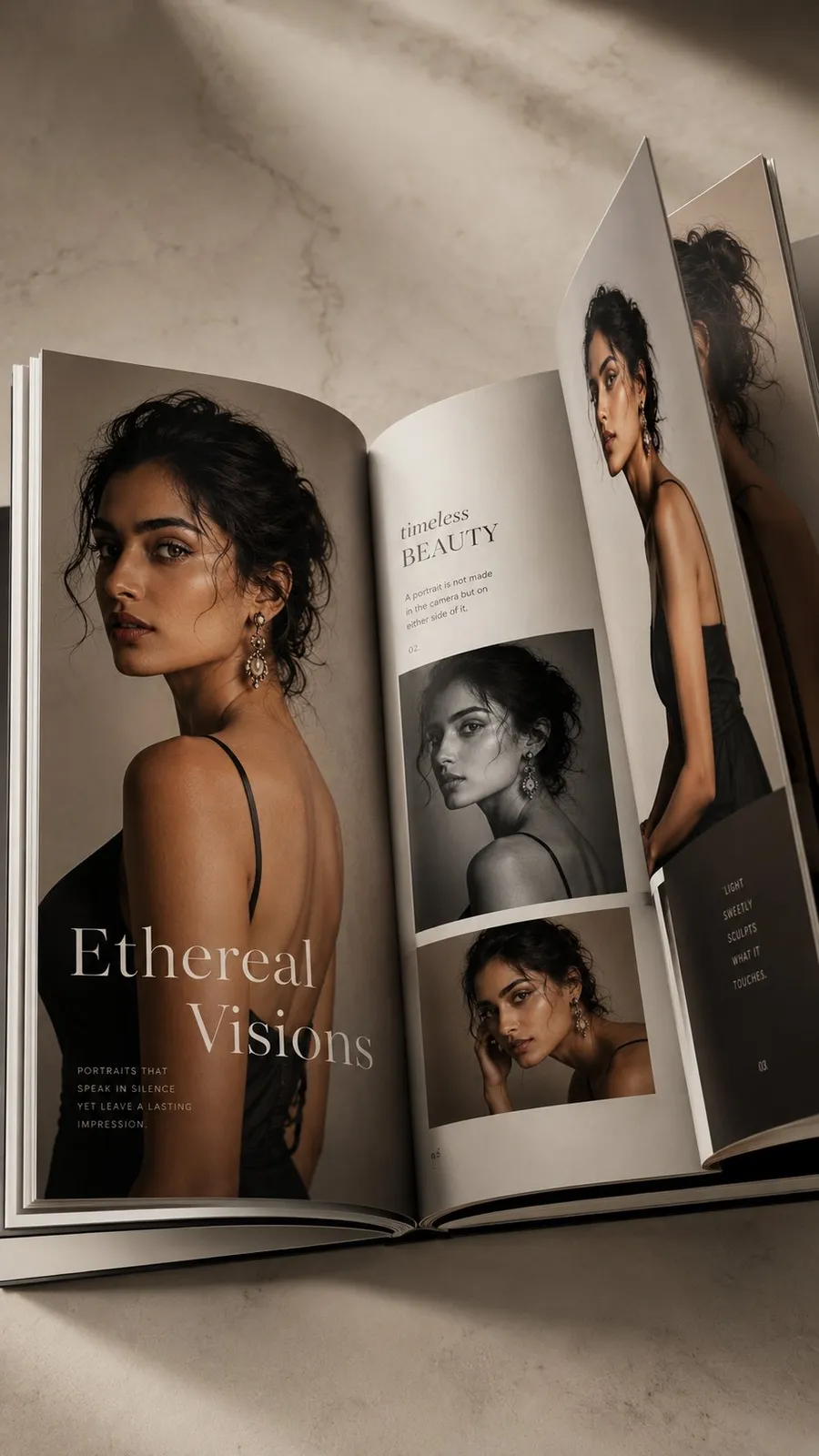 Luxury photorealistic Vogue-style coffee table book open to two editorial portrait pages, modern brand layout, premium print texture