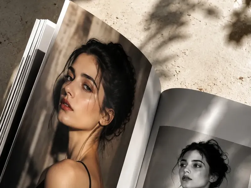 Luxury photorealistic Vogue-style coffee table book open to two editorial portrait pages, modern brand layout, premium print texture