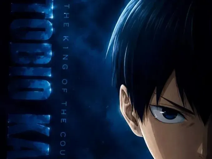 Sports-anime style 9:16 character poster of a volleyball player with half face in dramatic shadow, monochromatic color theme, vertical bold title typography