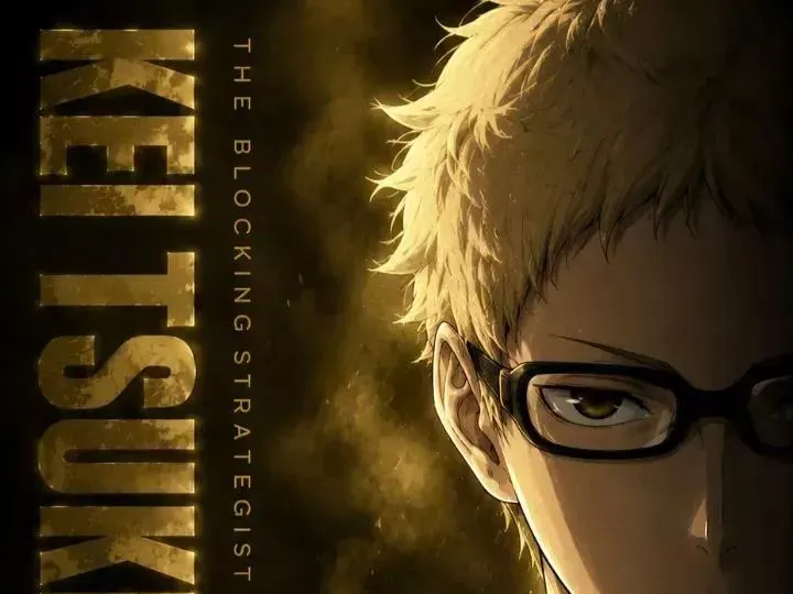 Sports-anime style 9:16 character poster of a volleyball player with half face in dramatic shadow, monochromatic color theme, vertical bold title typography
