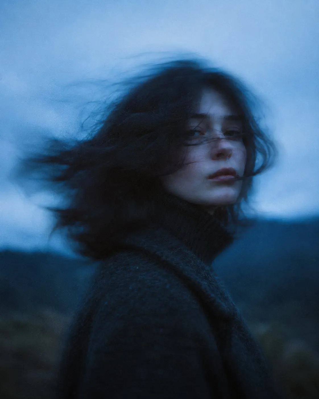 Twilight motion-blur winter walk