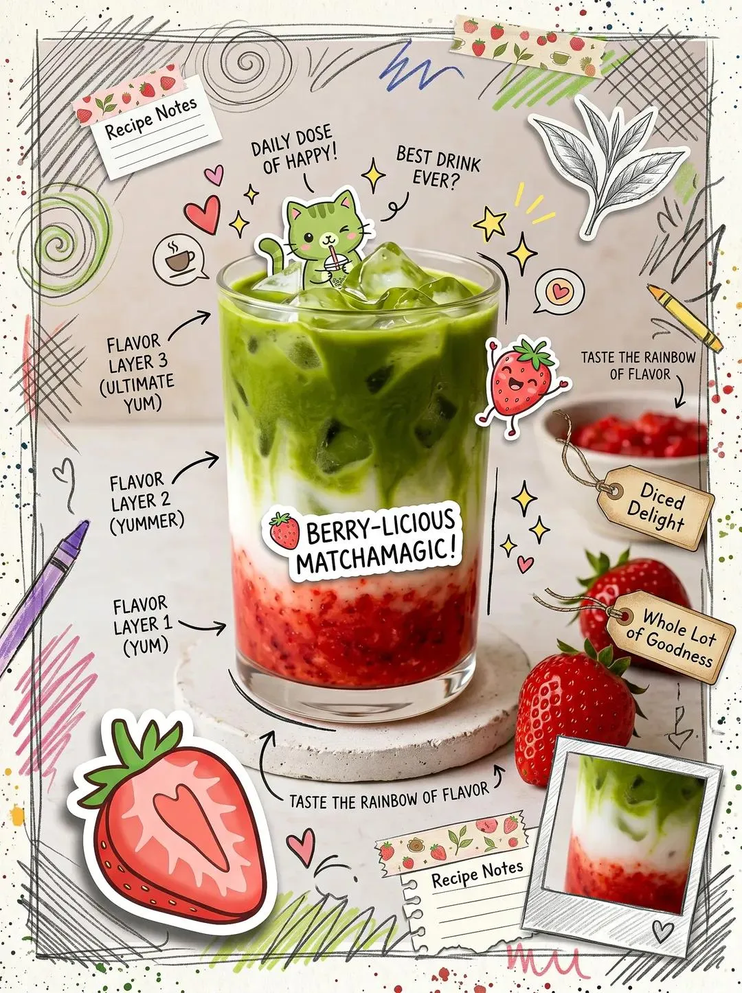 Kawaii matcha latte flatlay