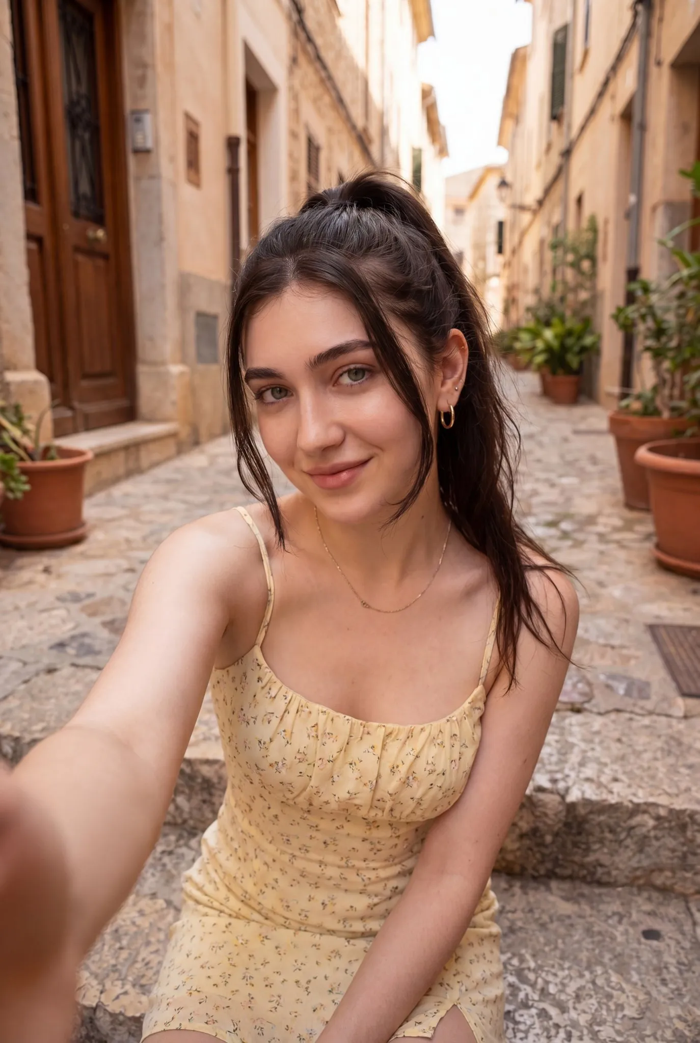 Mediterranean clean-girl travel selfie