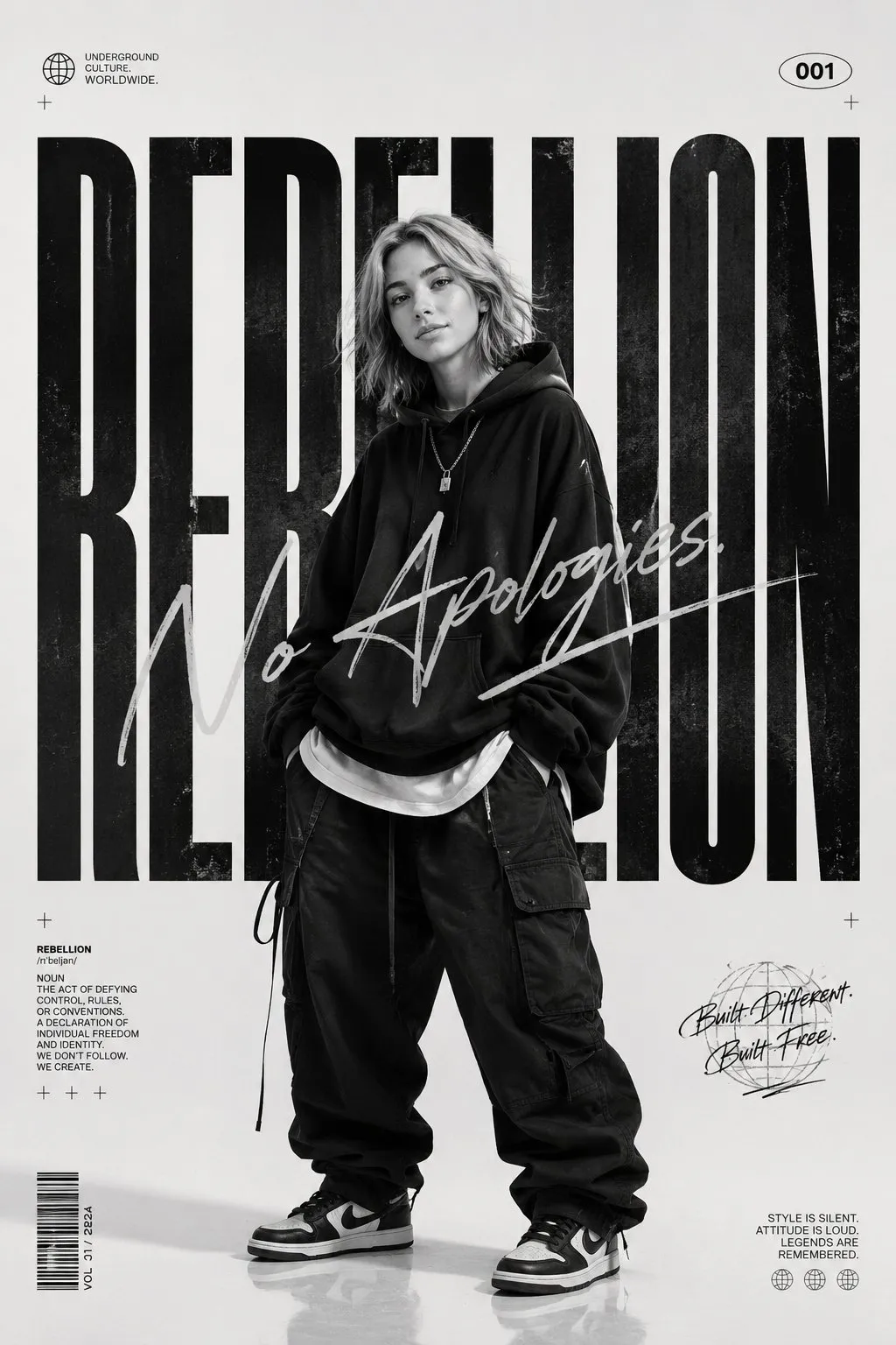 Monochrome streetwear editorial poster